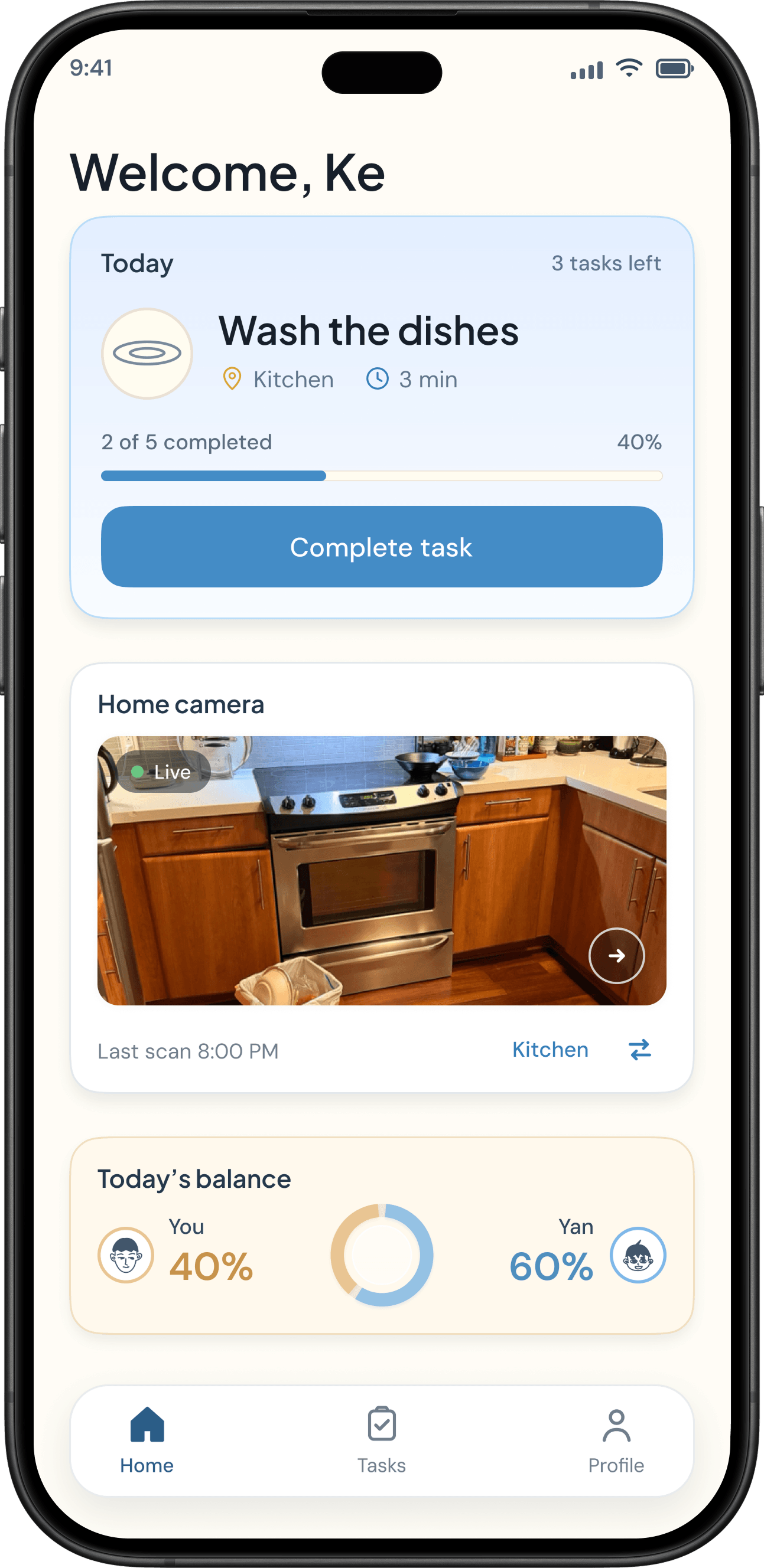 Fairnest Home with the current task, room preview and household overview