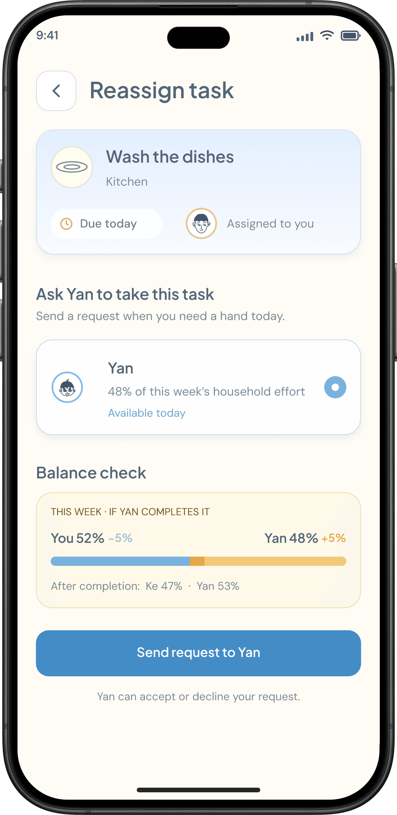 Fairnest reassignment screen for requesting a change in responsibility
