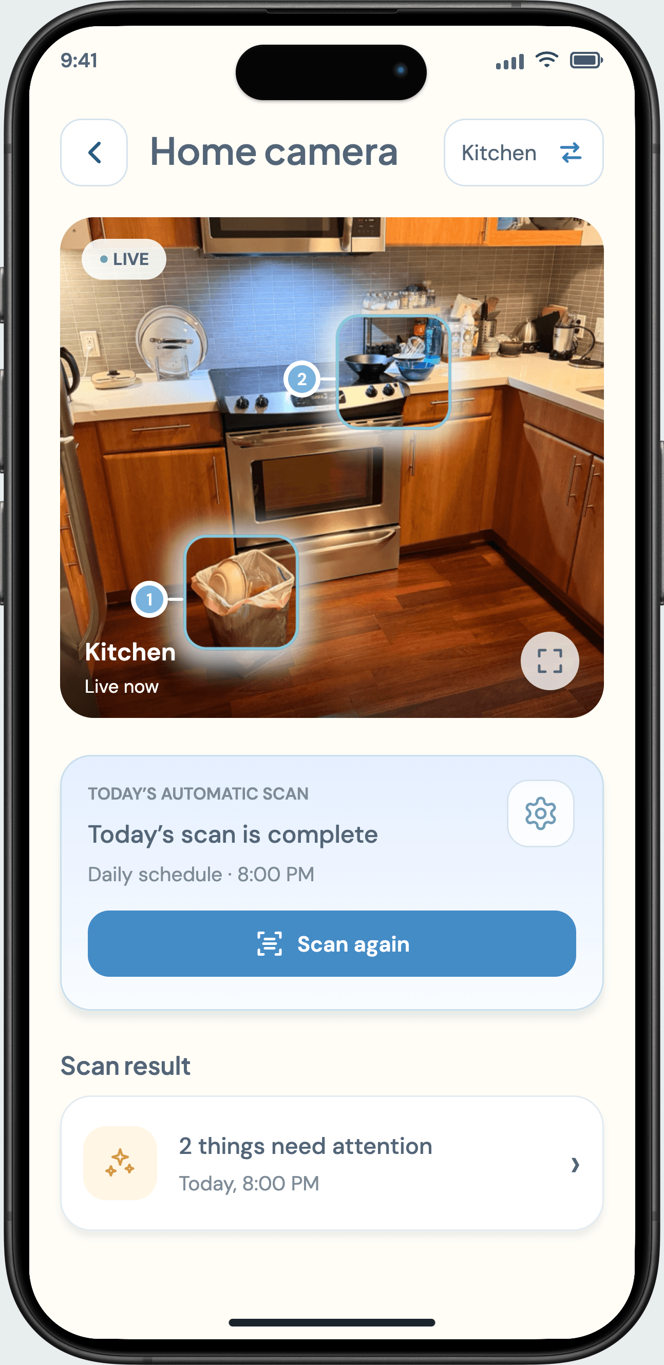 Prototype Home camera screen showing the live kitchen view