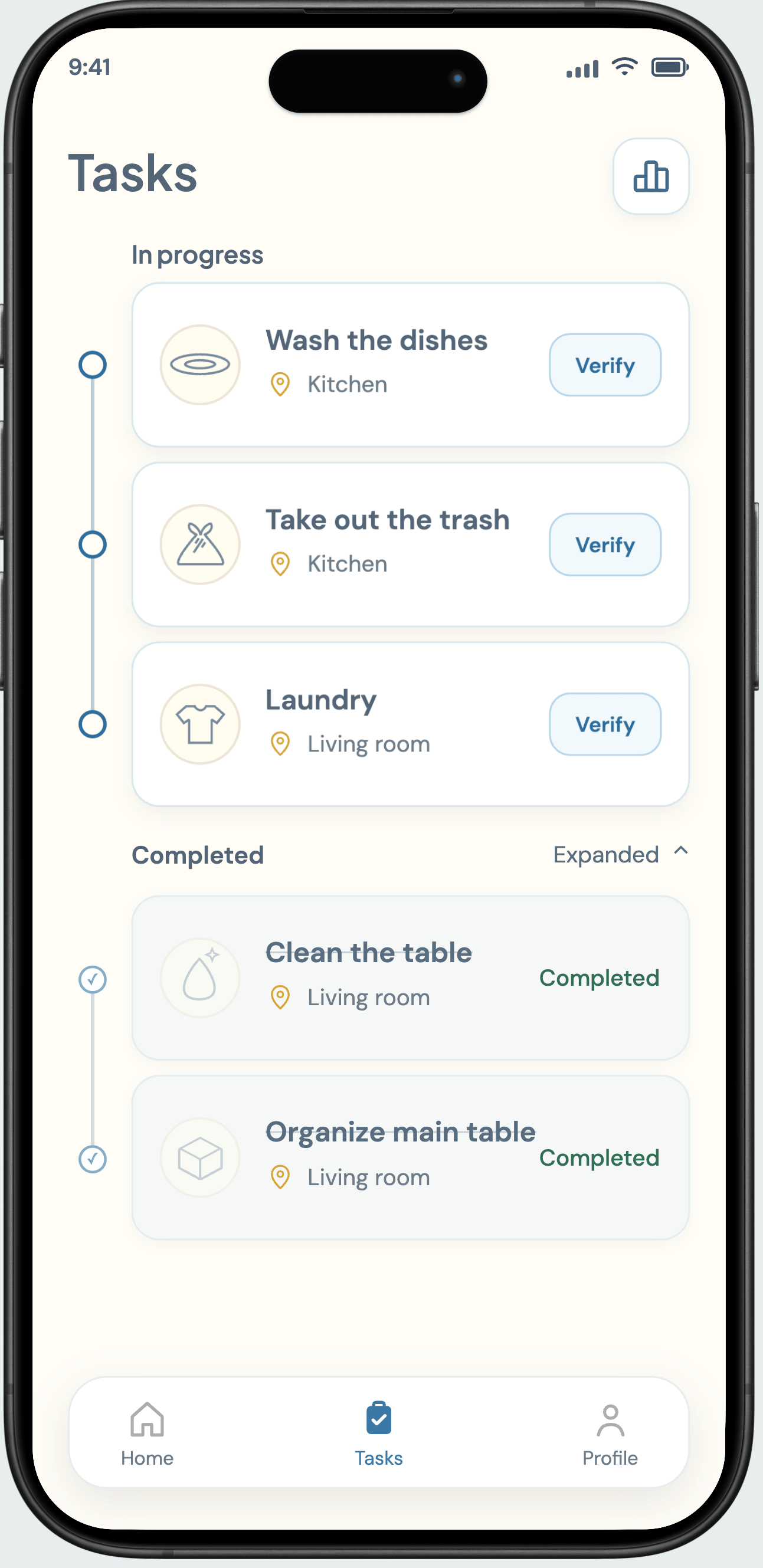 Prototype Tasks screen before verifying a household task
