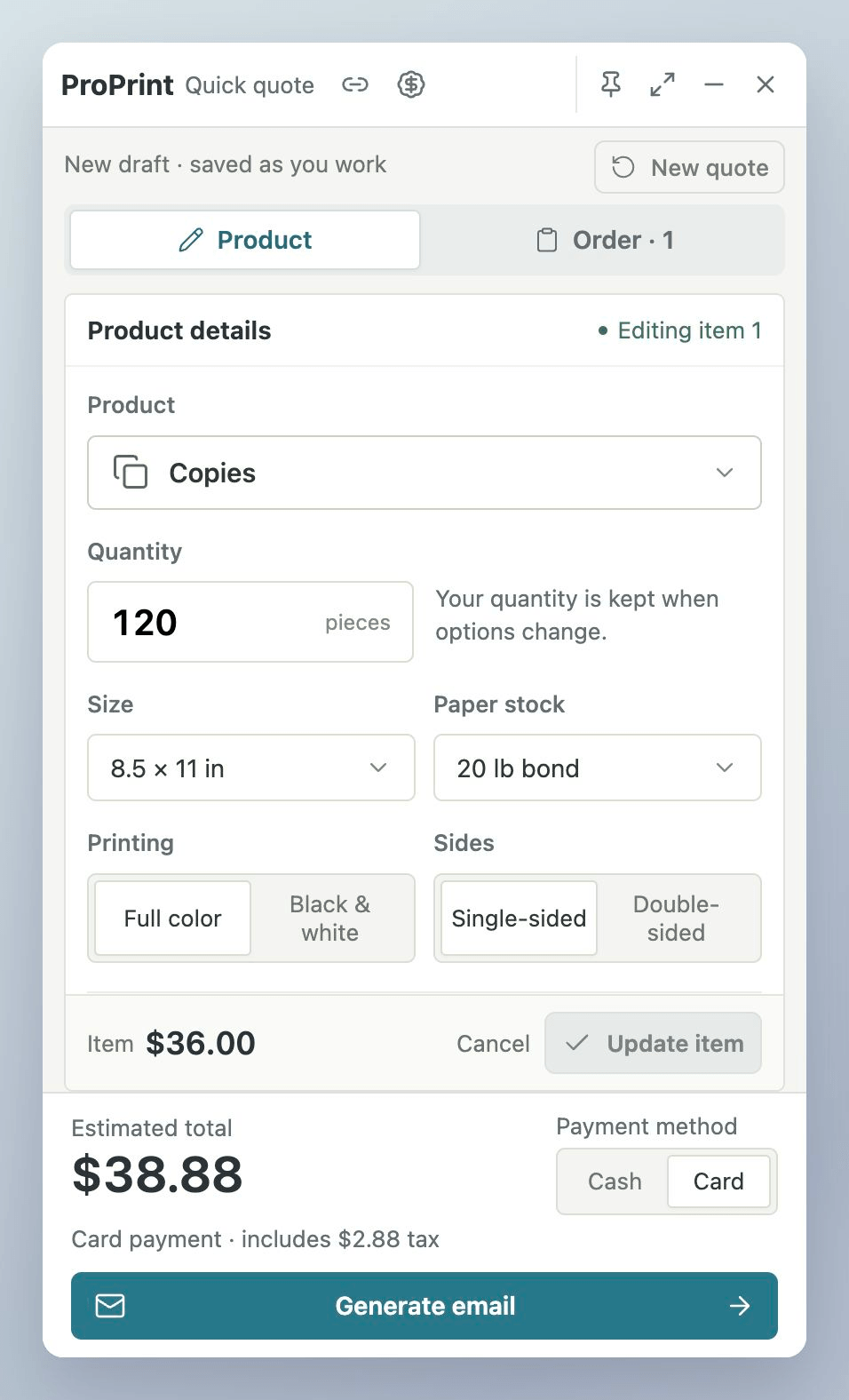 Compact quote window with product inputs, Card selected, and an illustrative tax-inclusive total