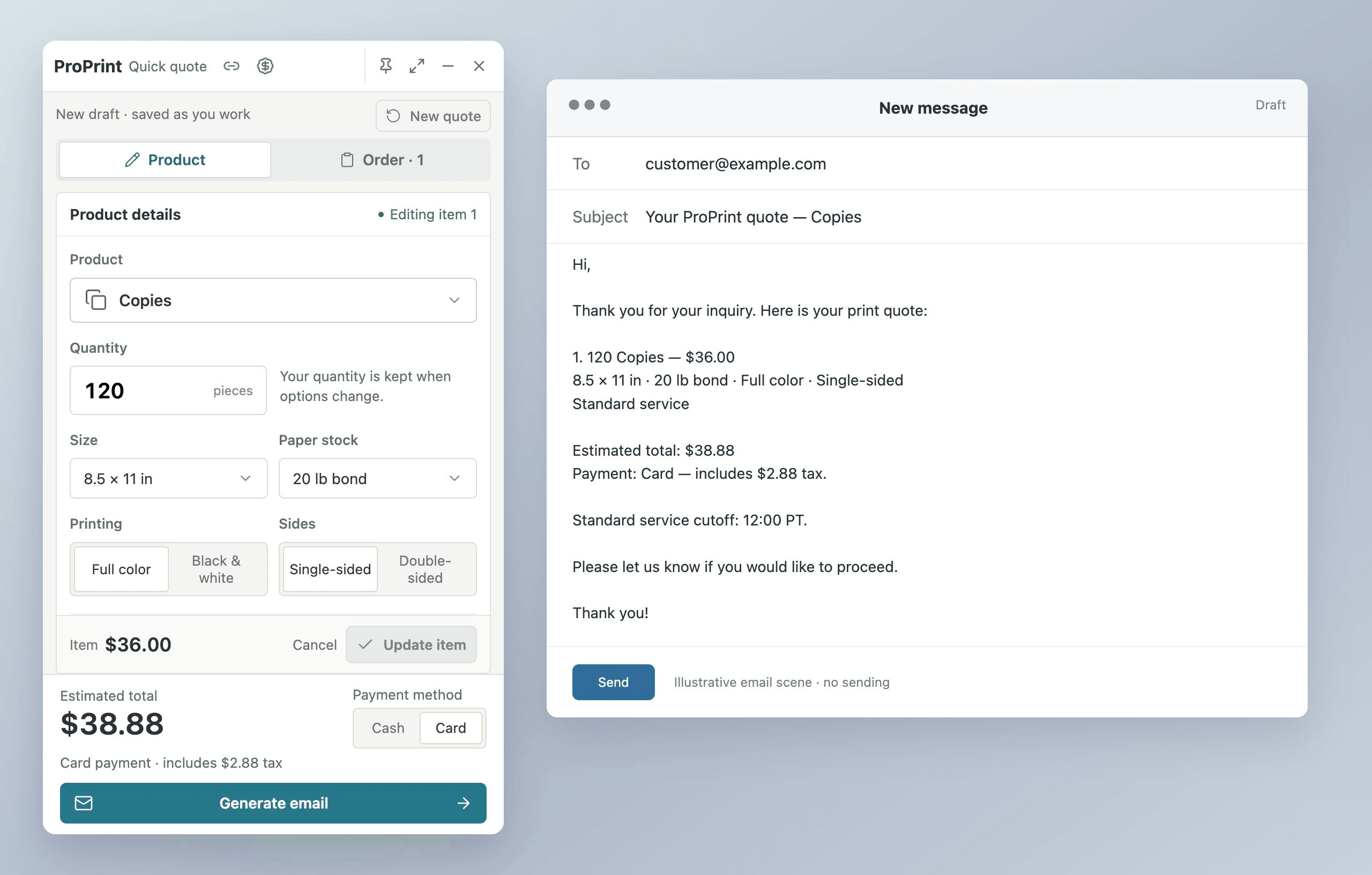 Card-selected compact quote beside a separate email draft, both showing the same illustrative tax and total