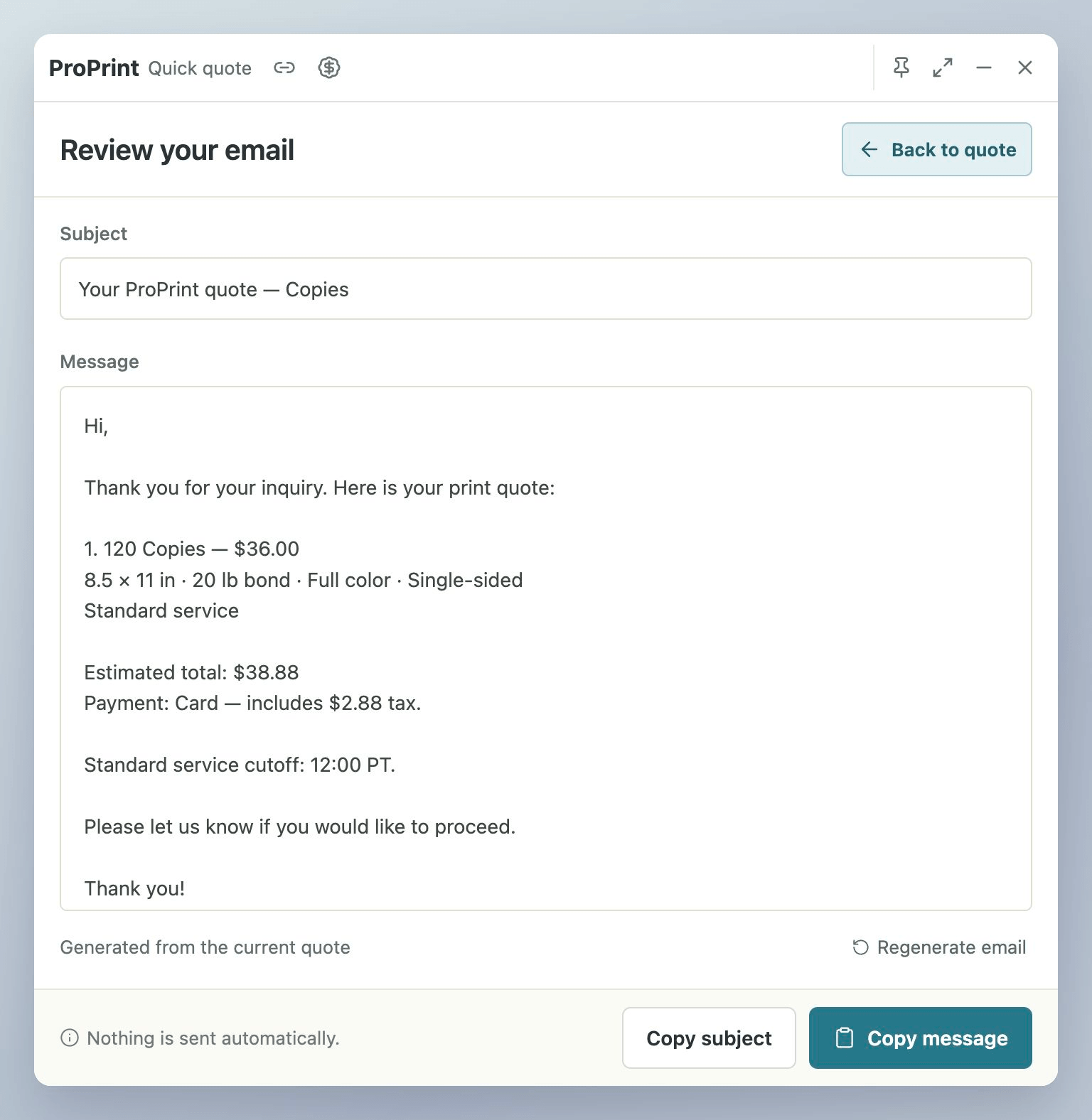 Editable email generated from the Card-selected demonstration, with item price, illustrative tax and total