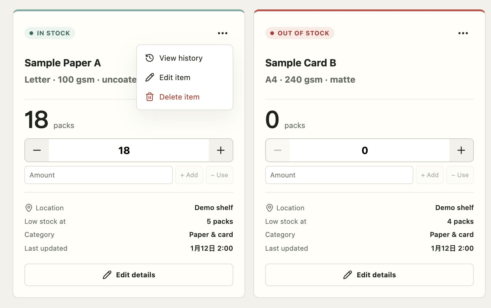 More actions exposes Edit item and Delete item beside a zero-stock record; synthetic data