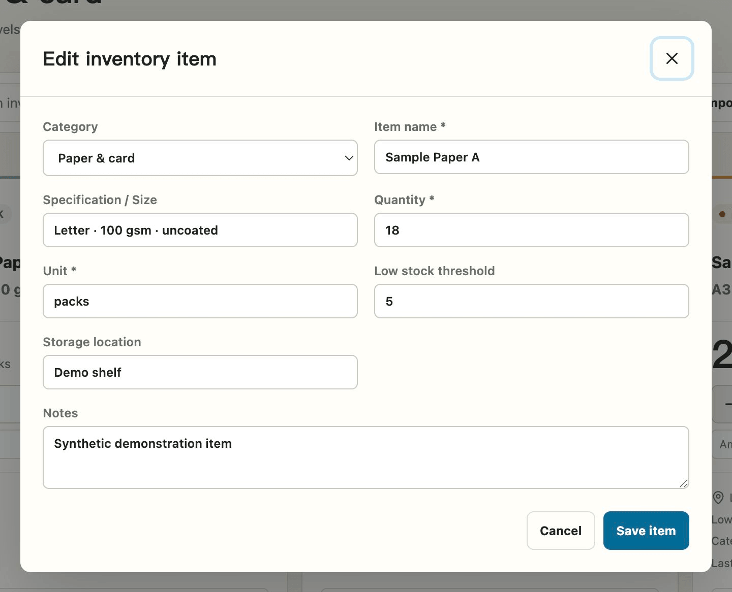 Full inventory item editor with item details and distinct Cancel and Save item actions