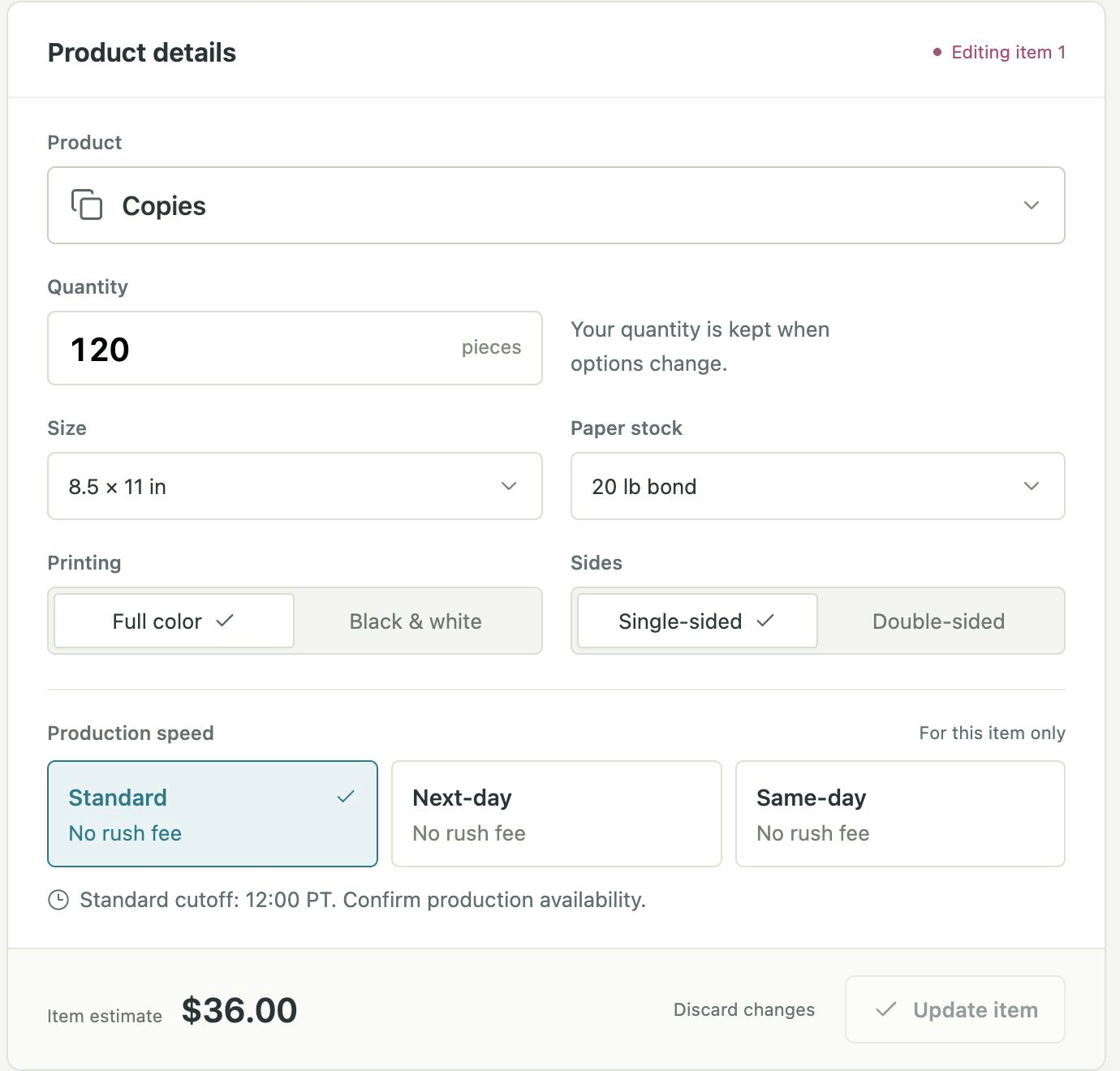 Current web quote input panel with copy product, specifications, quantity and turnaround choices; invented data