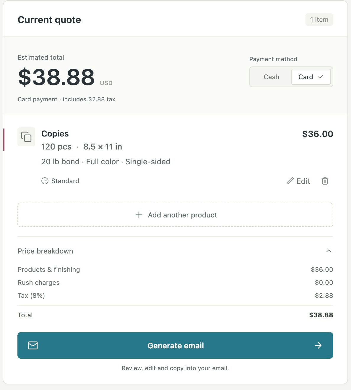 Card-selected quote review with an invented 120-copy order, 36 dollar subtotal, 2.88 dollar illustrative tax, and 38.88 dollar total