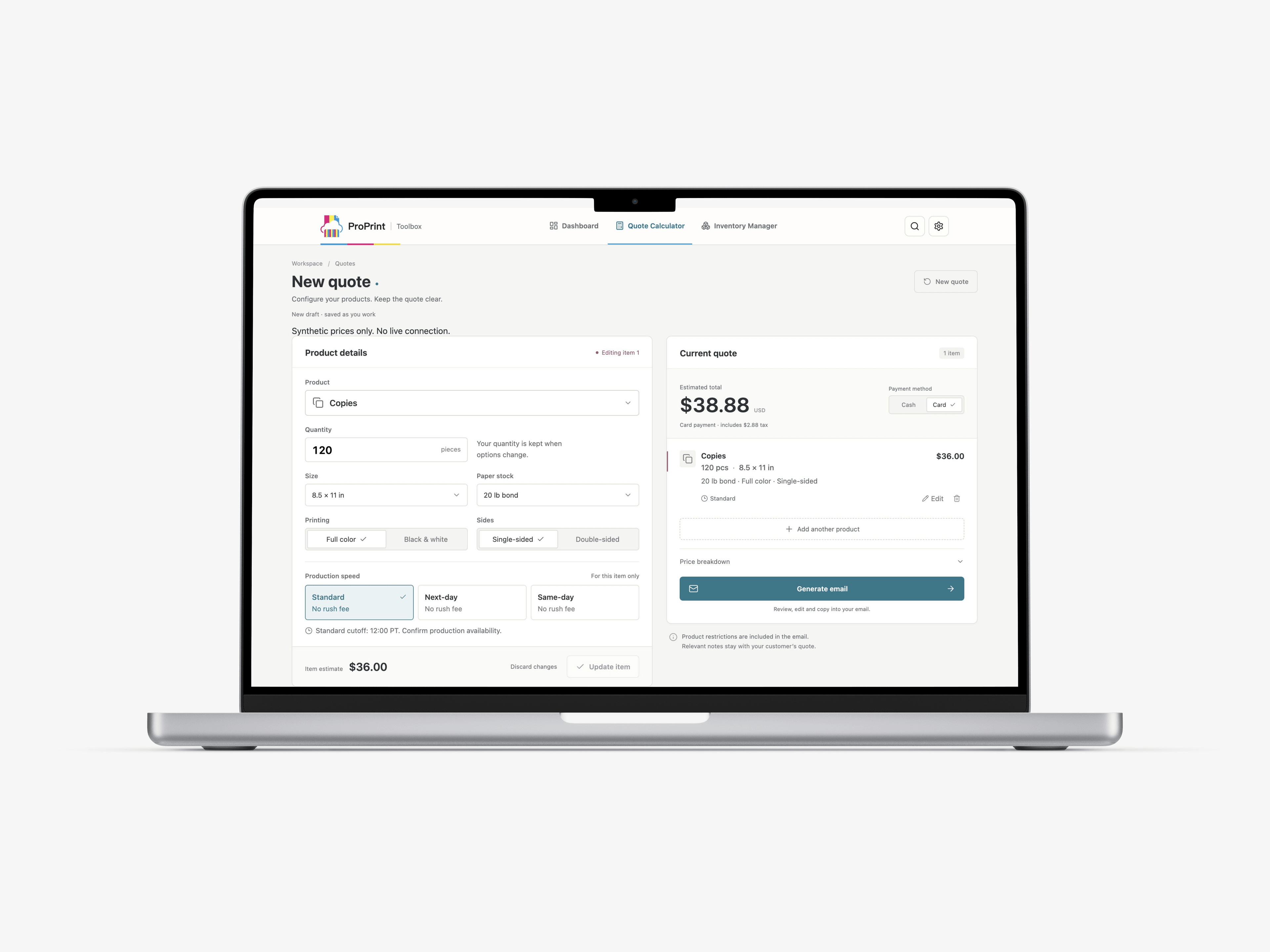 Full ProPrint web quoting tool on a desktop display, showing product choices and an order summary; synthetic data