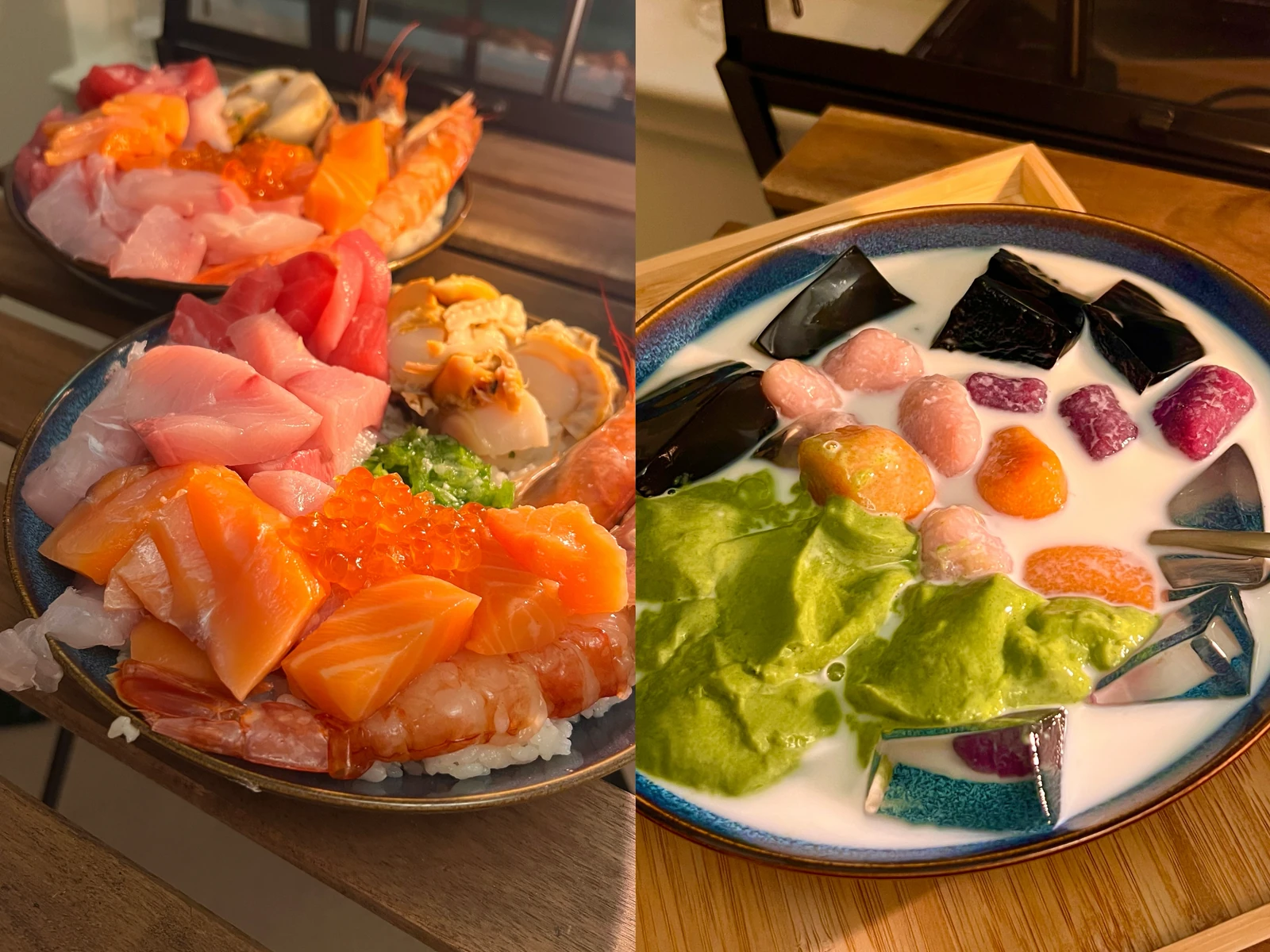 Sashimi bowls and a colorful dessert, photographed side by side